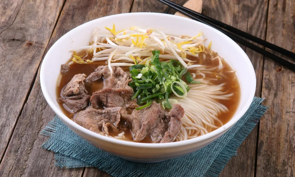 Vietnamese beef pho noodle soup at Henry's, a Vietnamese Restaurant in Brooklyn.